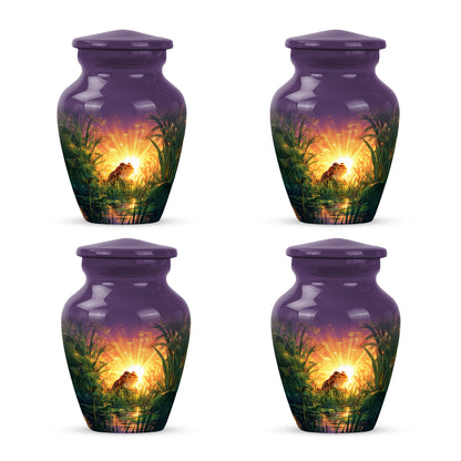 Lavender Purple Frog Cremation Urn side profile showing urn shape - traditional frog engraving with hand-polished finish - 10 inch aluminum urn for cremated remains