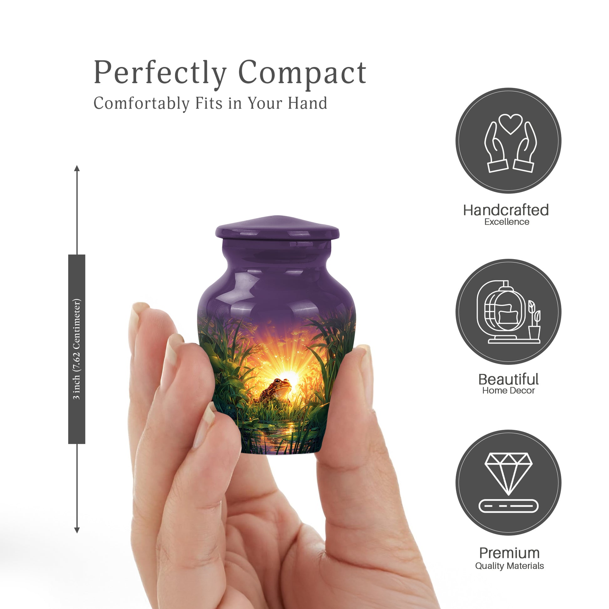 Majestic Purple Frog Cremation Urn close-up of engraving and surface detail - timeless frog motif etched into premium metal - mini keepsake memorial for portion of cremation ashes