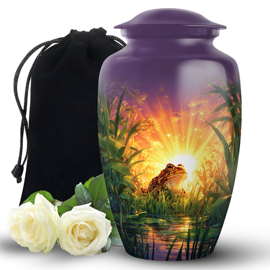 Violet Purple Frog Cremation Urn angled view of lid and engraved motif - traditional frog engraving with hand-polished finish - full-size 10 inch 200 cubic inch adult cremation urn