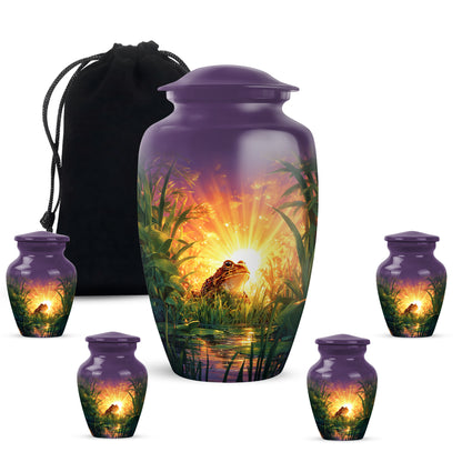 Plum Purple Frog Cremation Urn top-down view of secure threaded lid - classic sculpted frog pattern on smooth aluminum - memorial set with one large and four small urns