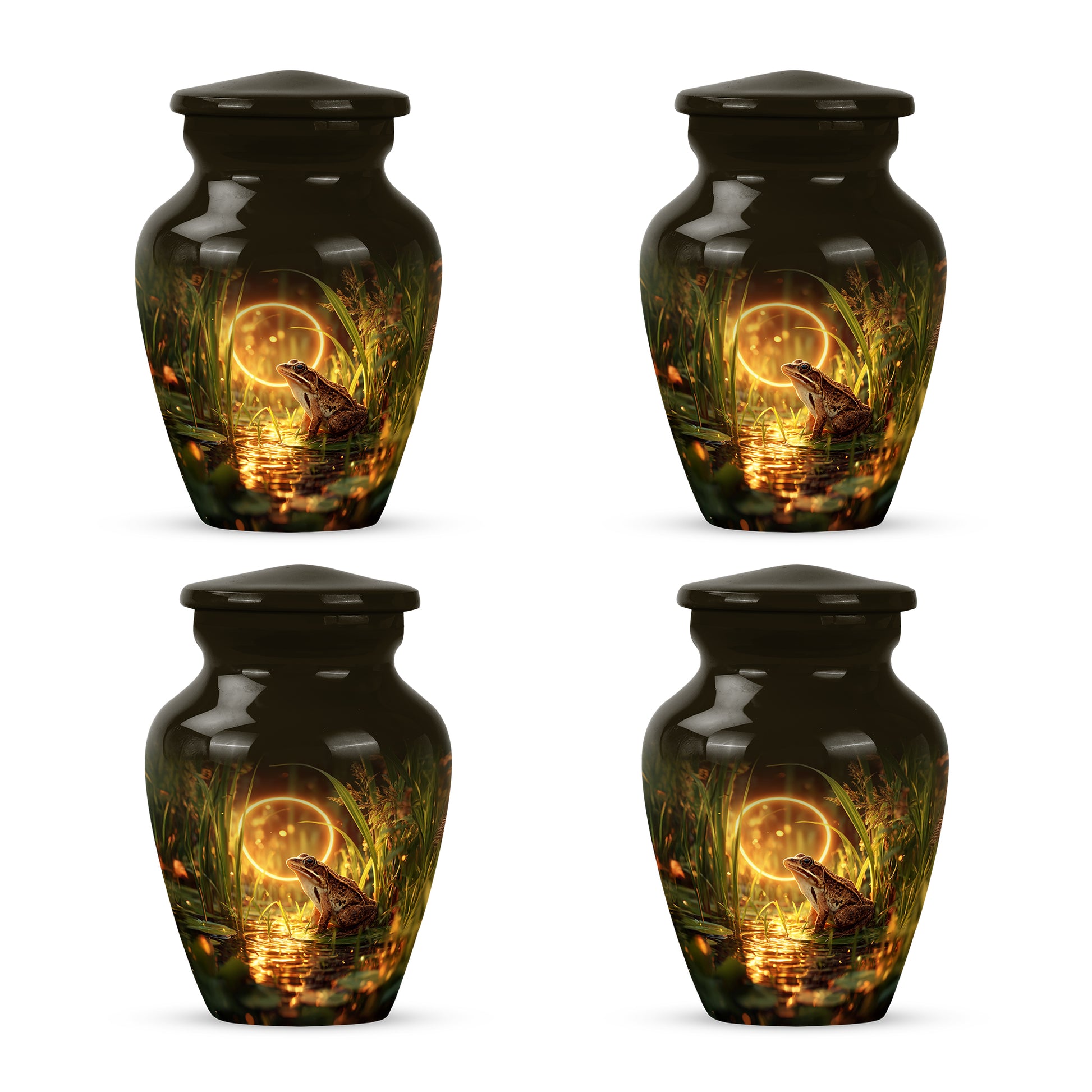 Sunrise Gold Frog Cremation Urn side profile showing urn shape - timeless frog motif etched into premium metal - 10 inch aluminum urn for cremated remains