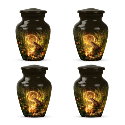 Sunrise Gold Frog Cremation Urn side profile showing urn shape - timeless frog motif etched into premium metal - 10 inch aluminum urn for cremated remains
