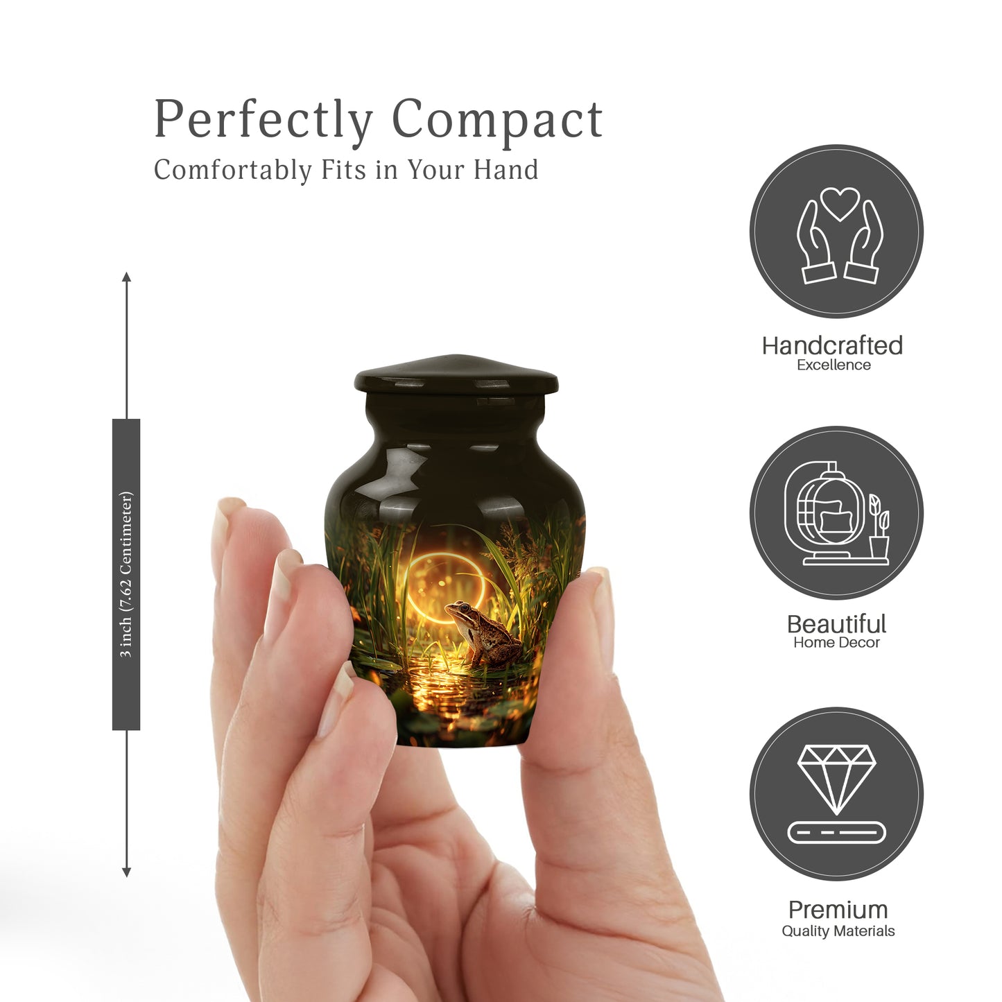 Sunrise Gold Frog Cremation Urn close-up of engraving and surface detail - timeless frog motif etched into premium metal - mini keepsake memorial for portion of cremation ashes