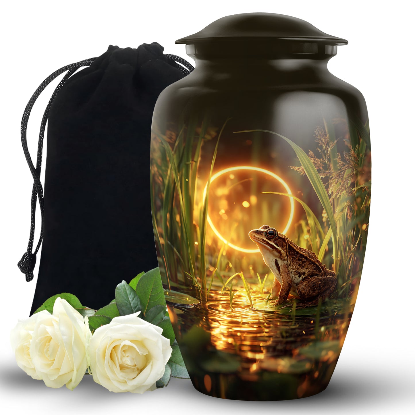 Matte Gold Frog Cremation Urn angled view of lid and engraved motif - elegant classic frog relief with fine detailing - full-size 10 inch 200 cubic inch adult cremation urn