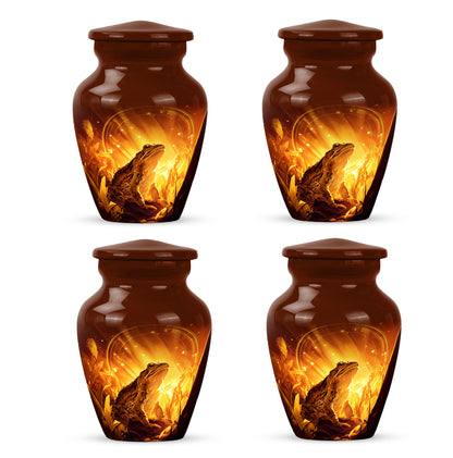 Harvest Gold Frog Cremation Urn side profile showing urn shape - traditional frog engraving with hand-polished finish - 10 inch aluminum urn for cremated remains