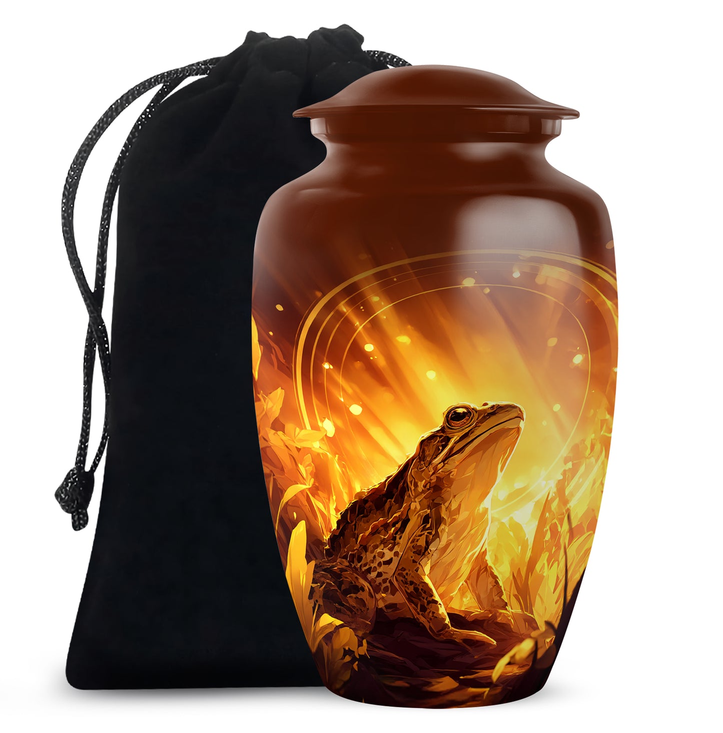 Warm Gold Frog Cremation Urn angled view of lid and engraved motif - traditional frog engraving with hand-polished finish - full-size 10 inch 200 cubic inch adult cremation urn