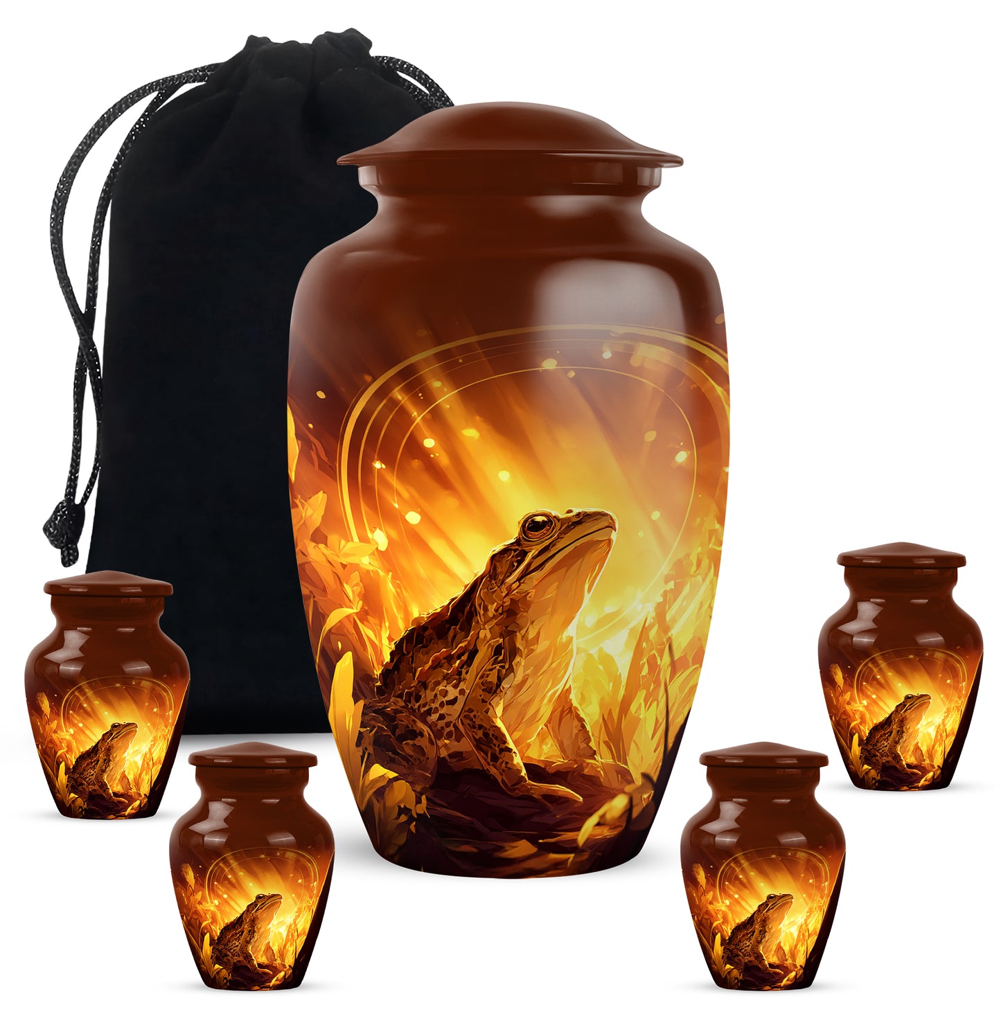 Sunrise Gold Frog Cremation Urn top-down view of secure threaded lid - timeless frog motif etched into premium metal - memorial set with one large and four small urns