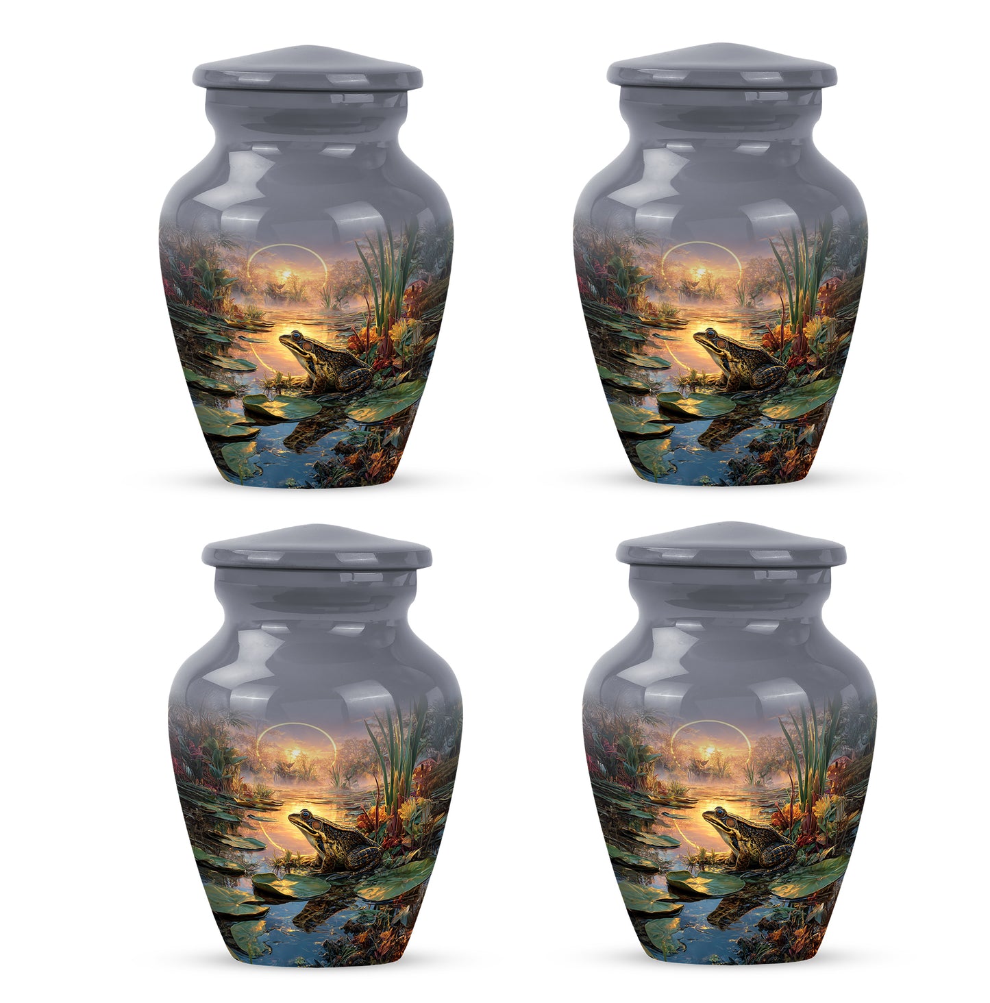 Silver Gray Frog Cremation Urn side profile showing urn shape - timeless frog motif etched into premium metal - 10 inch aluminum urn for cremated remains