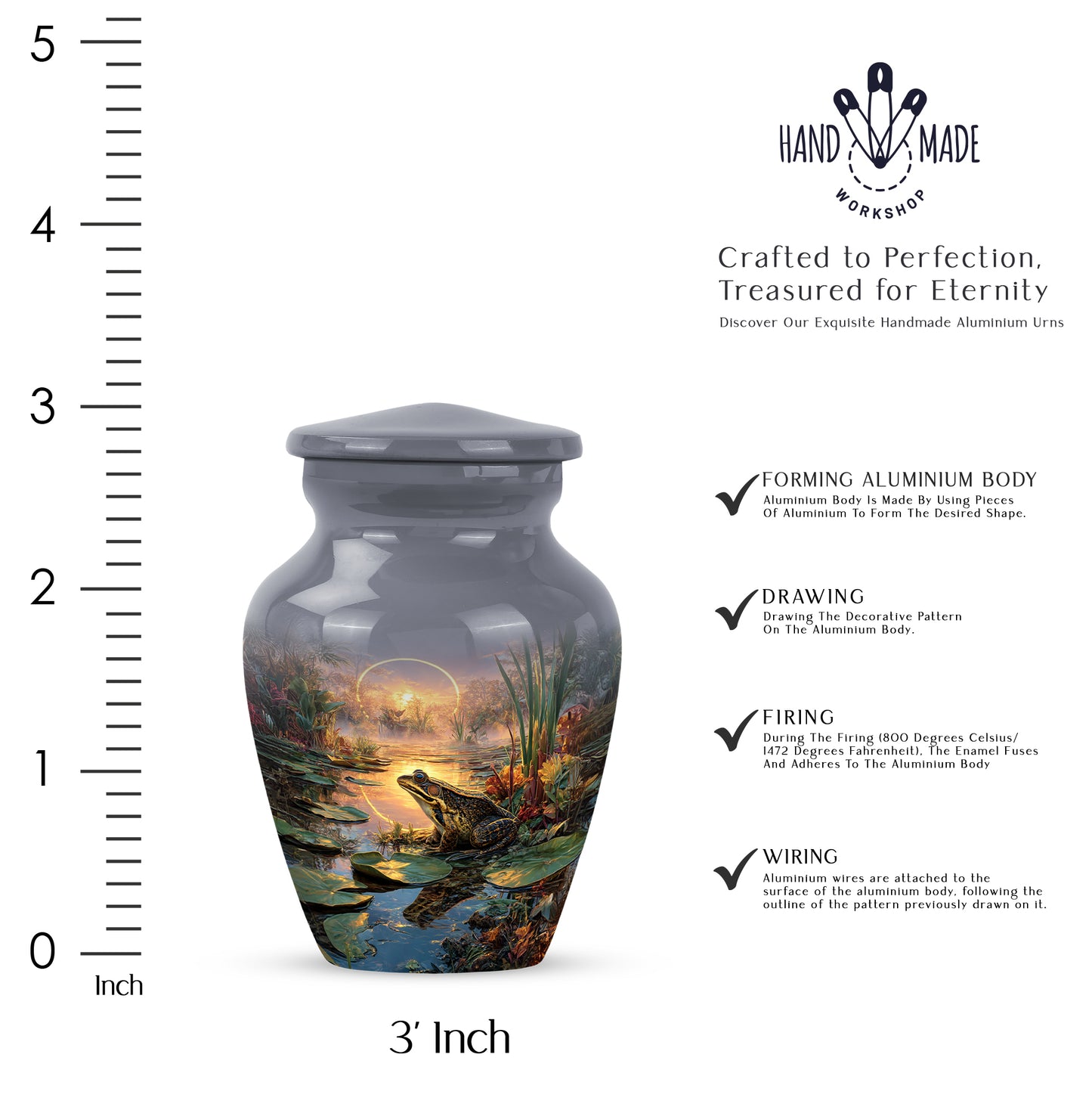 Charcoal Gray Frog Cremation Urn close-up of engraving and surface detail - classic sculpted frog pattern on smooth aluminum - mini keepsake memorial for portion of cremation ashes