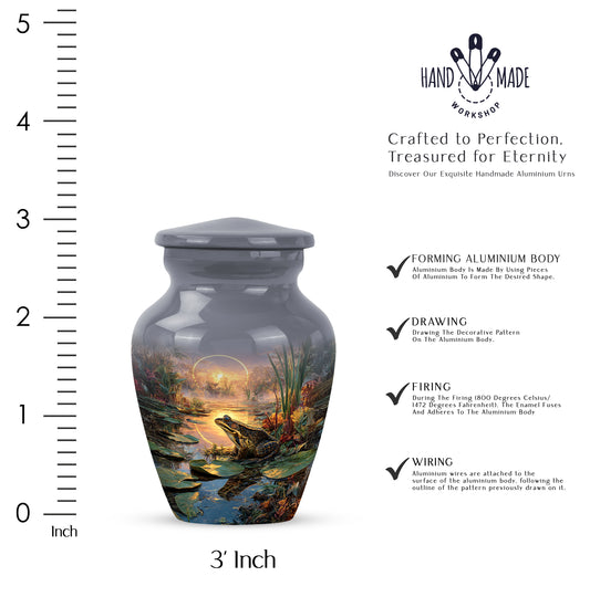 Charcoal Gray Frog Cremation Urn close-up of engraving and surface detail - classic sculpted frog pattern on smooth aluminum - mini keepsake memorial for portion of cremation ashes