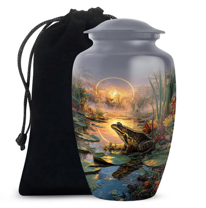 Storm Gray Frog Cremation Urn angled view of lid and engraved motif - traditional frog engraving with hand-polished finish - full-size 10 inch 200 cubic inch adult cremation urn