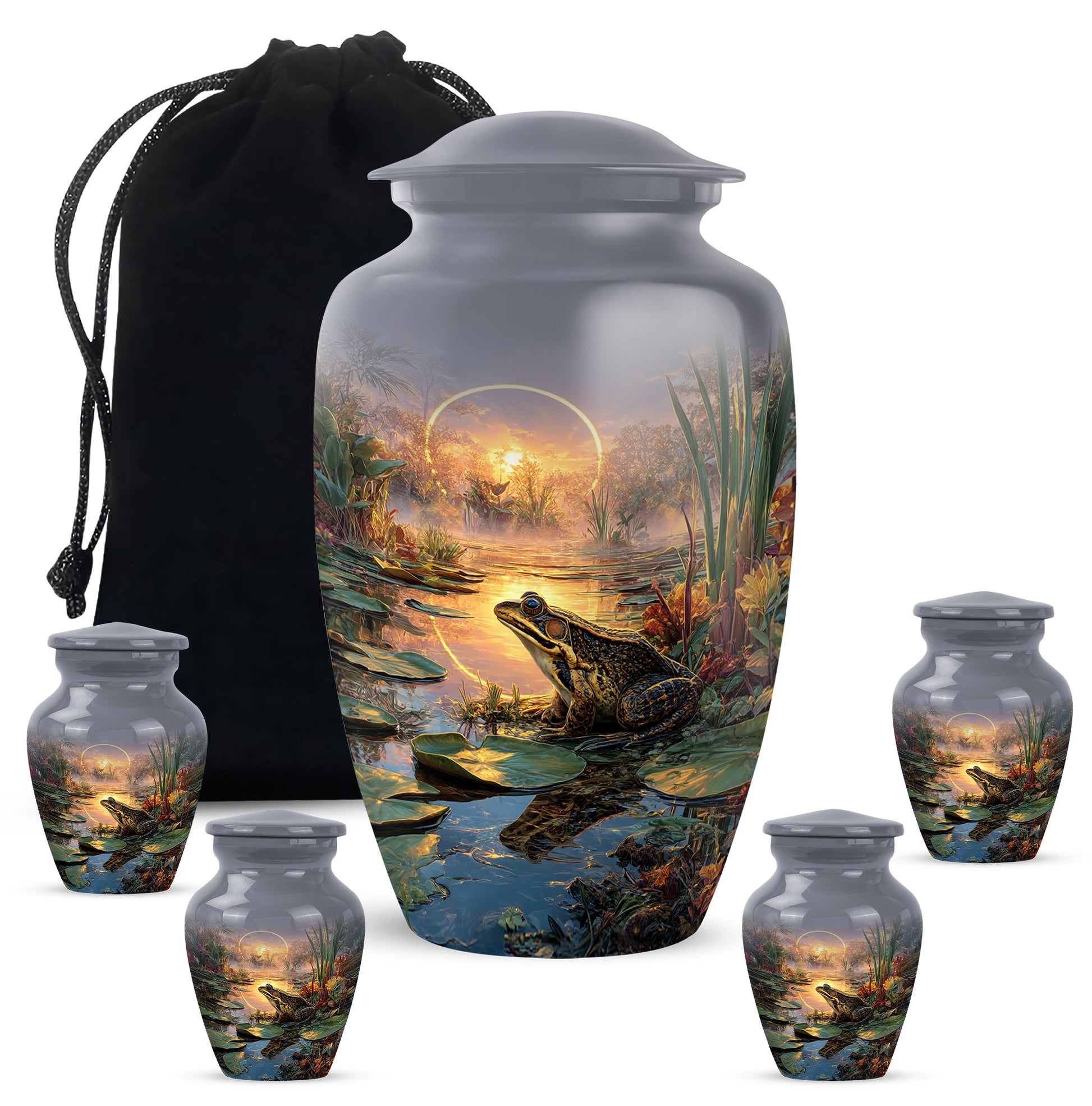 Mist Gray Frog Cremation Urn top-down view of secure threaded lid - timeless frog motif etched into premium metal - memorial set with one large and four small urns