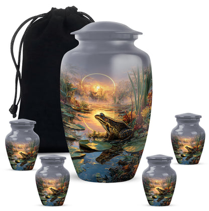 Mist Gray Frog Cremation Urn top-down view of secure threaded lid - timeless frog motif etched into premium metal - memorial set with one large and four small urns