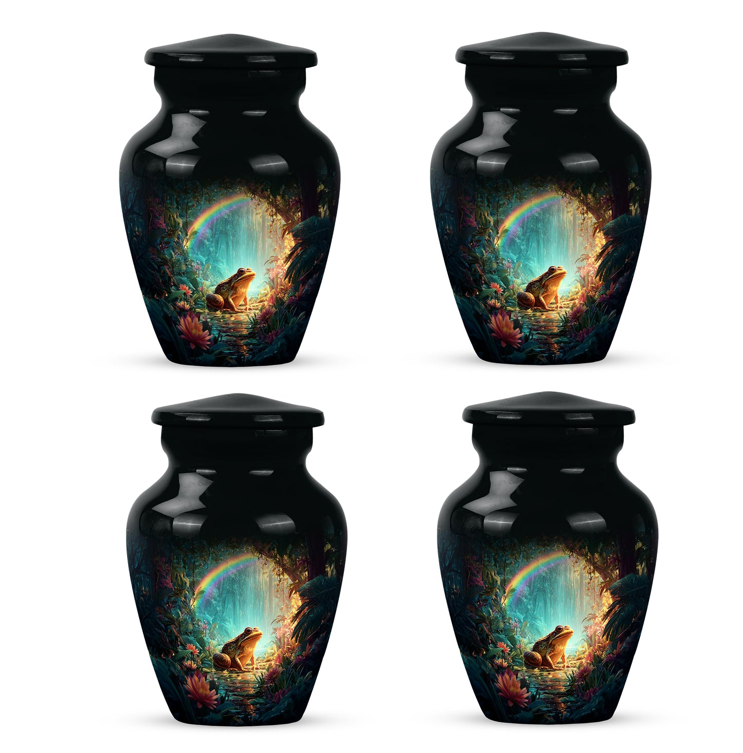 Obsidian Black Frog Cremation Urn side profile showing urn shape - elegant classic frog relief with fine detailing - 10 inch aluminum urn for cremated remains