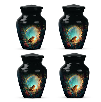 Obsidian Black Frog Cremation Urn side profile showing urn shape - elegant classic frog relief with fine detailing - 10 inch aluminum urn for cremated remains