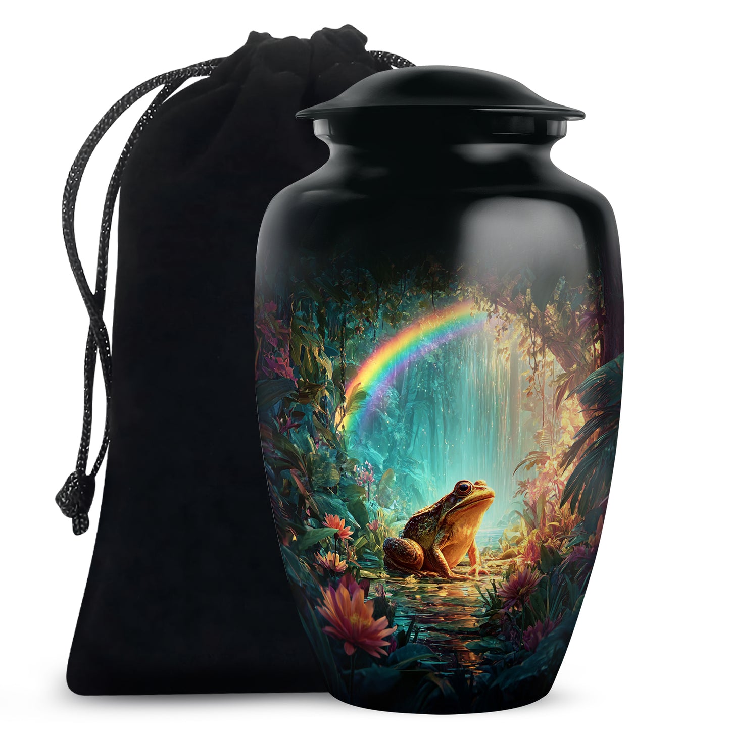 Midnight Black Frog Cremation Urn angled view of lid and engraved motif - elegant classic frog relief with fine detailing - full-size 10 inch 200 cubic inch adult cremation urn