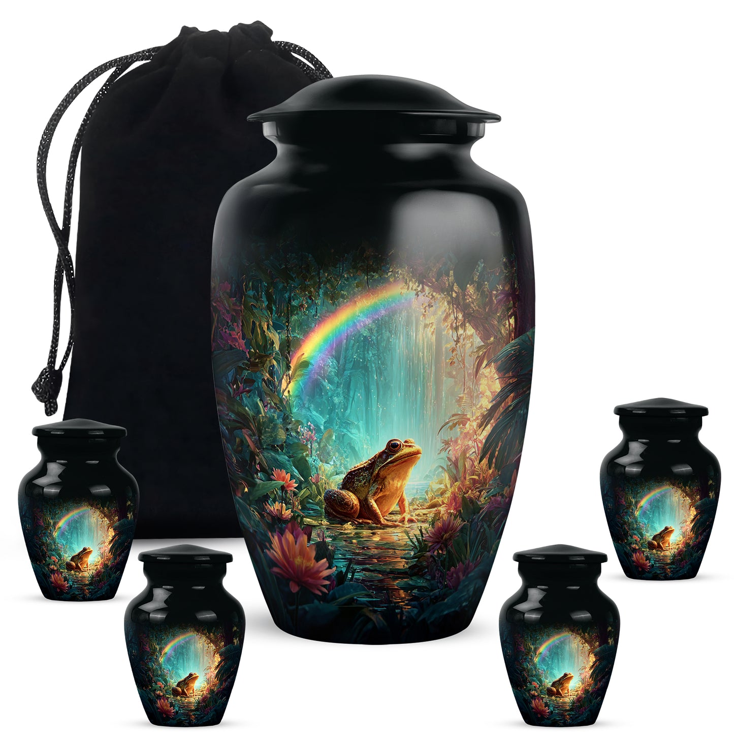 Onyx Black Frog Cremation Urn top-down view of secure threaded lid - elegant classic frog relief with fine detailing - memorial set with one large and four small urns