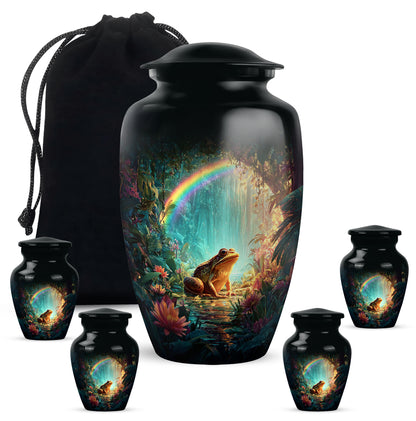 Onyx Black Frog Cremation Urn top-down view of secure threaded lid - elegant classic frog relief with fine detailing - memorial set with one large and four small urns