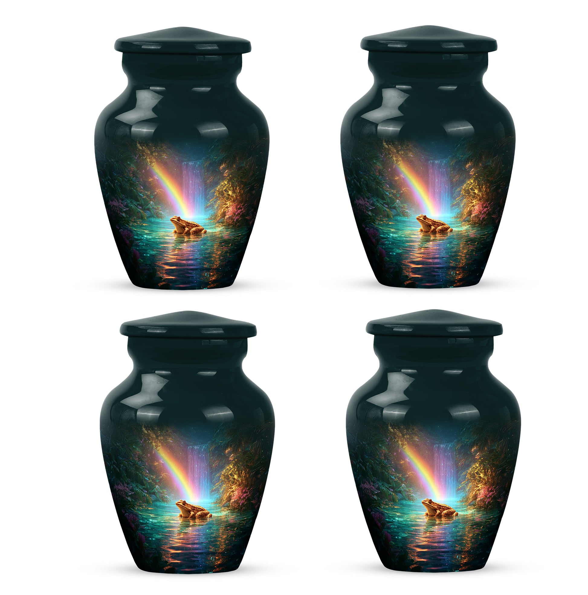 Sea Green Teal Frog Cremation Urn side profile showing urn shape - timeless frog motif etched into premium metal - 10 inch aluminum urn for cremated remains