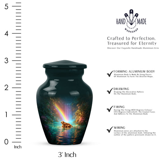 Aqua Teal Frog Cremation Urn close-up of engraving and surface detail - traditional frog engraving with hand-polished finish - mini keepsake memorial for portion of cremation ashes