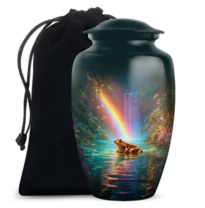 Cool Teal Frog Cremation Urn angled view of lid and engraved motif - timeless frog motif etched into premium metal - full-size 10 inch 200 cubic inch adult cremation urn