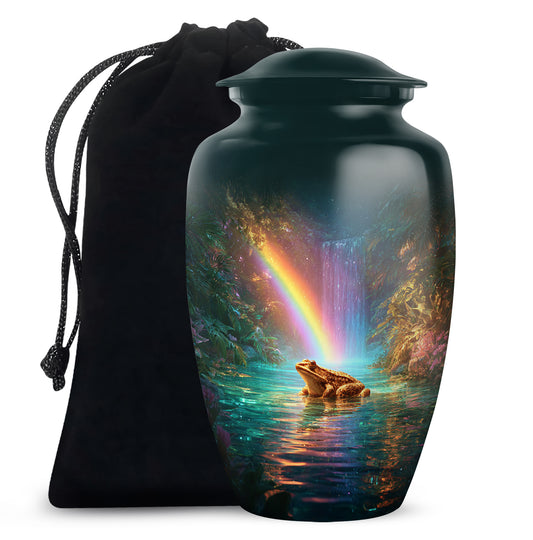 Cool Teal Frog Cremation Urn angled view of lid and engraved motif - timeless frog motif etched into premium metal - full-size 10 inch 200 cubic inch adult cremation urn