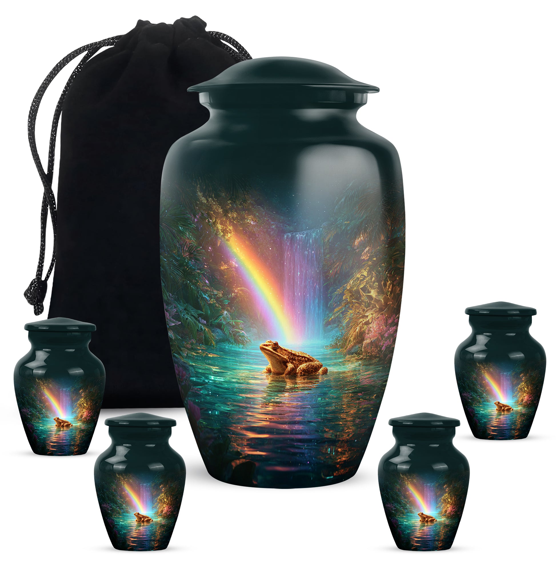 Sea Green Teal Frog Cremation Urn top-down view of secure threaded lid - timeless frog motif etched into premium metal - memorial set with one large and four small urns