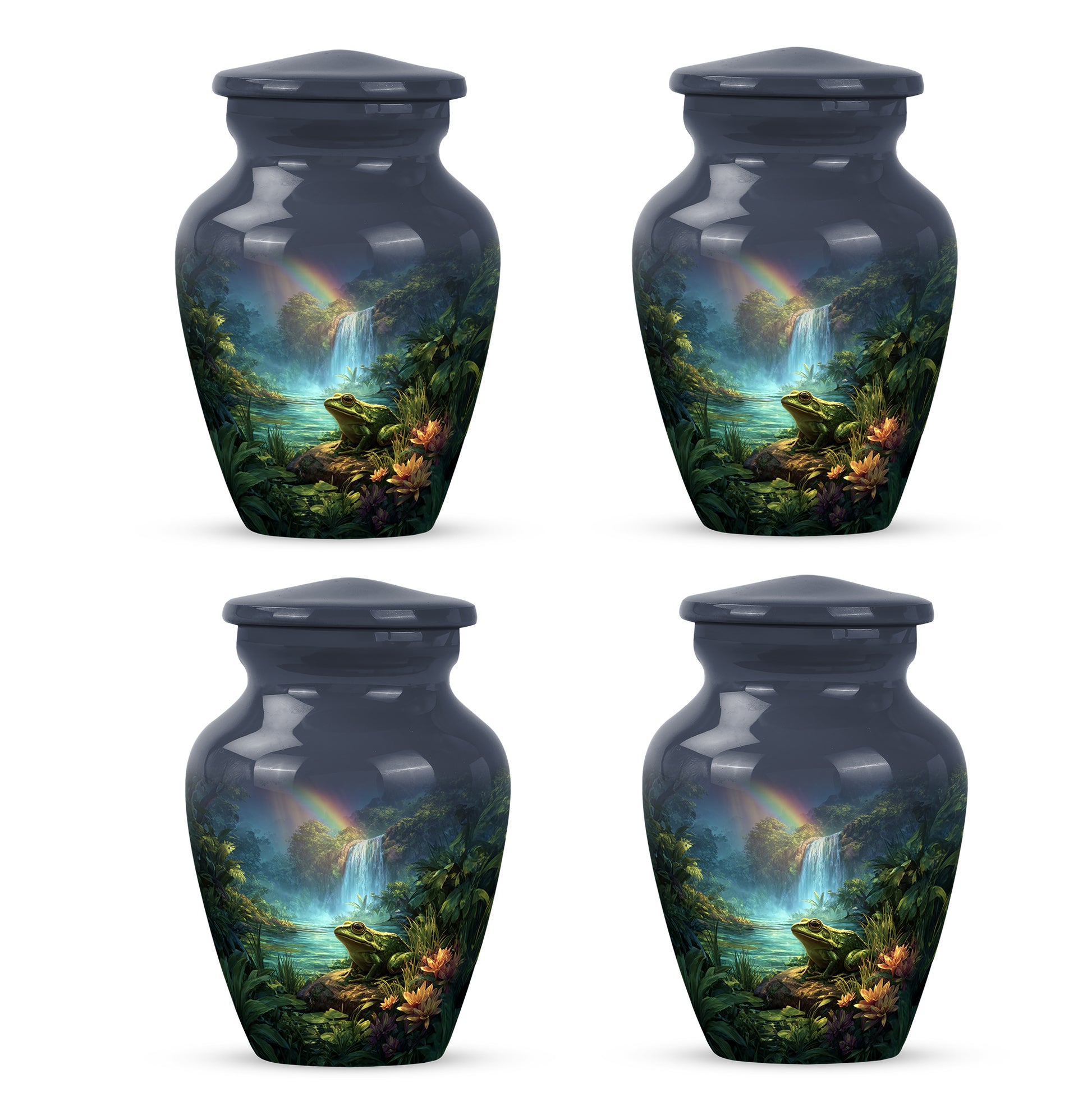 Twilight Blue Frog Cremation Urn side profile showing urn shape - traditional frog engraving with hand-polished finish - 10 inch aluminum urn for cremated remains