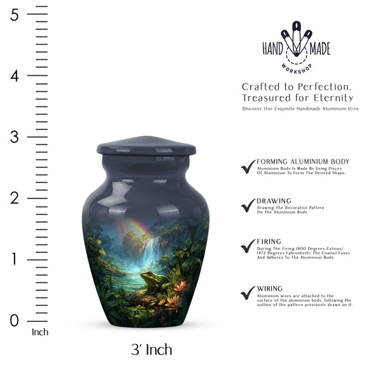 Bright Blue Frog Cremation Urn close-up of engraving and surface detail - elegant classic frog relief with fine detailing - mini keepsake memorial for portion of cremation ashes