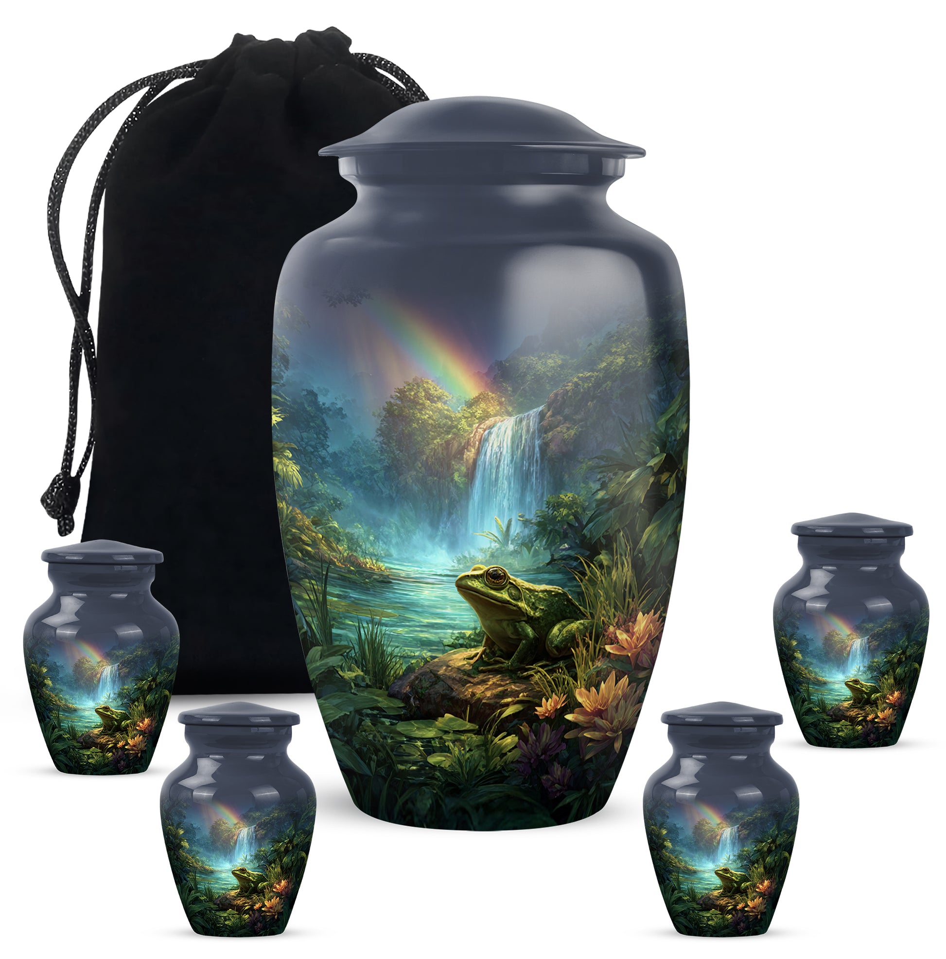 Misty Blue Frog Cremation Urn top-down view of secure threaded lid - timeless frog motif etched into premium metal - memorial set with one large and four small urns