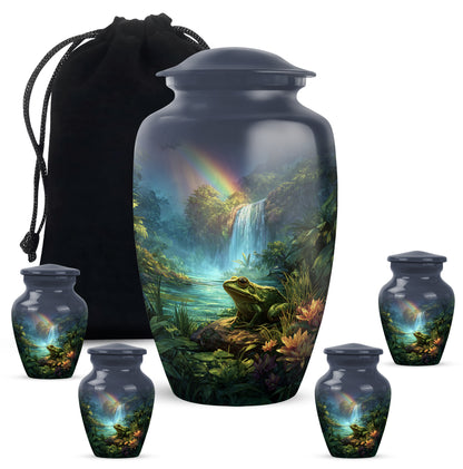 Misty Blue Frog Cremation Urn top-down view of secure threaded lid - timeless frog motif etched into premium metal - memorial set with one large and four small urns