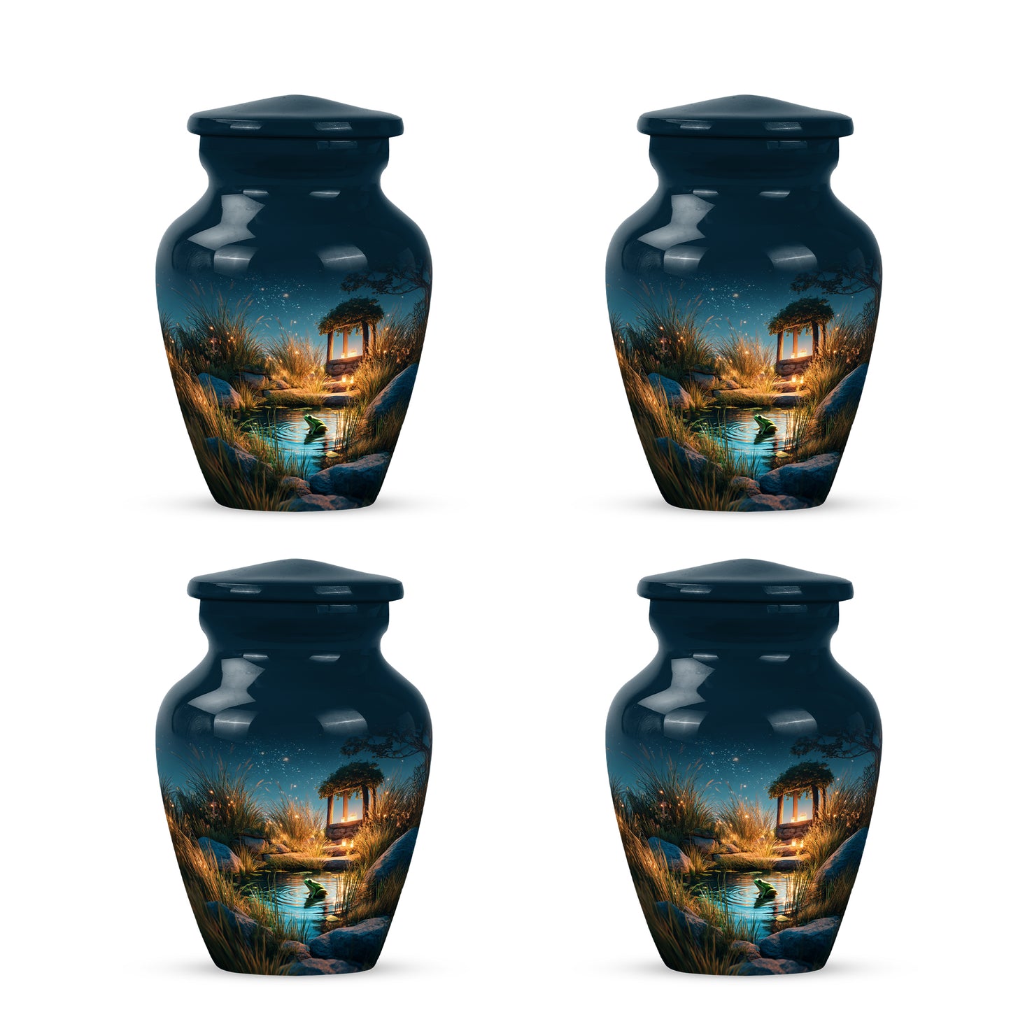 Powder Blue Frog Cremation Urn side profile showing urn shape - timeless frog motif etched into premium metal - 10 inch aluminum urn for cremated remains