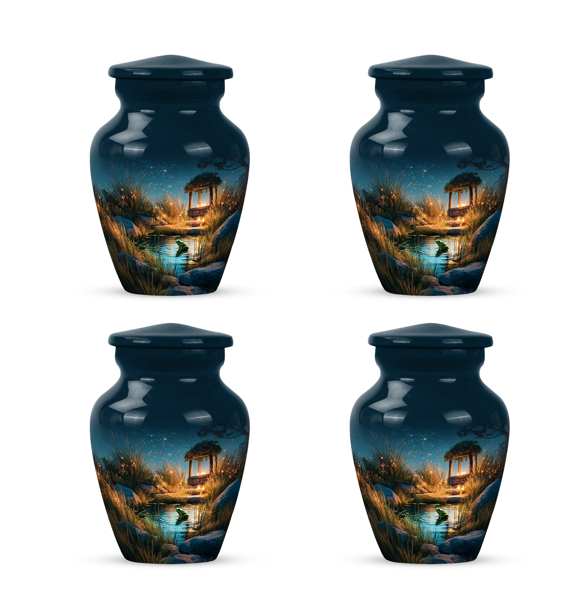 Powder Blue Frog Cremation Urn side profile showing urn shape - timeless frog motif etched into premium metal - 10 inch aluminum urn for cremated remains