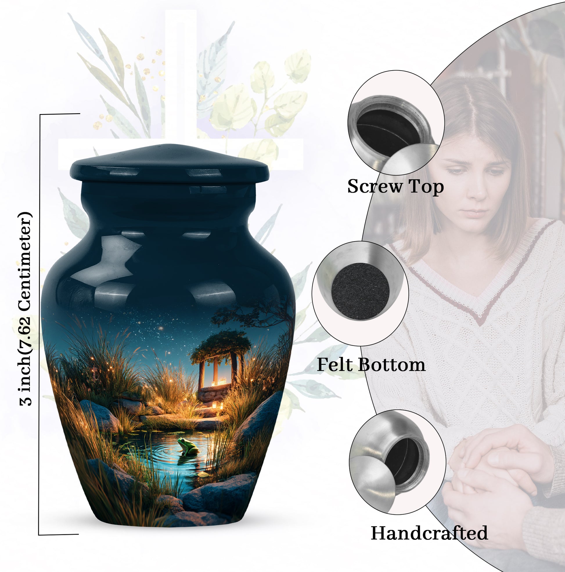 Indigo Frog Cremation Urn close-up of engraving and surface detail - timeless frog motif etched into premium metal - mini keepsake memorial for portion of cremation ashes