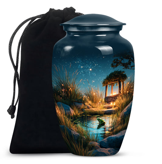 Twilight Blue Frog Cremation Urn angled view of lid and engraved motif - traditional frog engraving with hand-polished finish - full-size 10 inch 200 cubic inch adult cremation urn