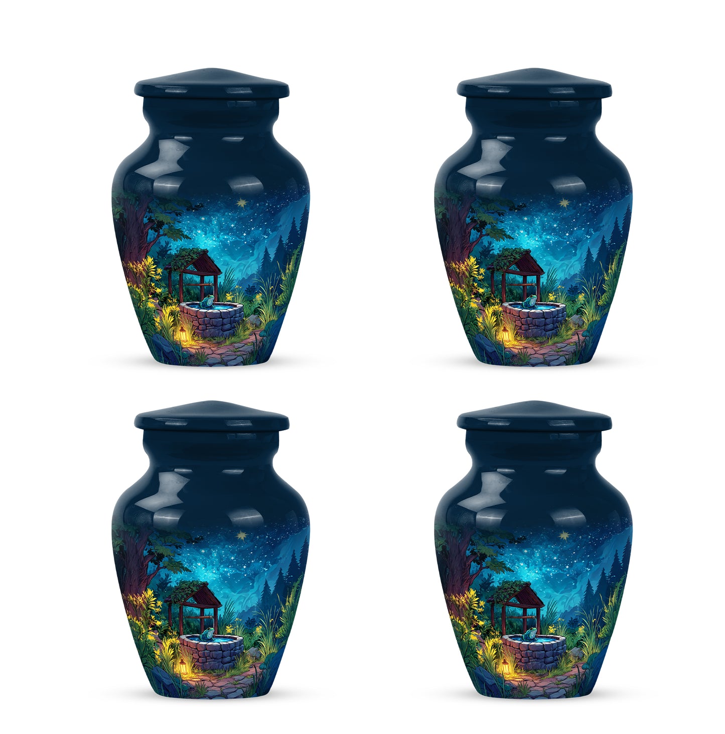 Vivid Blue Frog Cremation Urn side profile showing urn shape - elegant classic frog relief with fine detailing - 10 inch aluminum urn for cremated remains