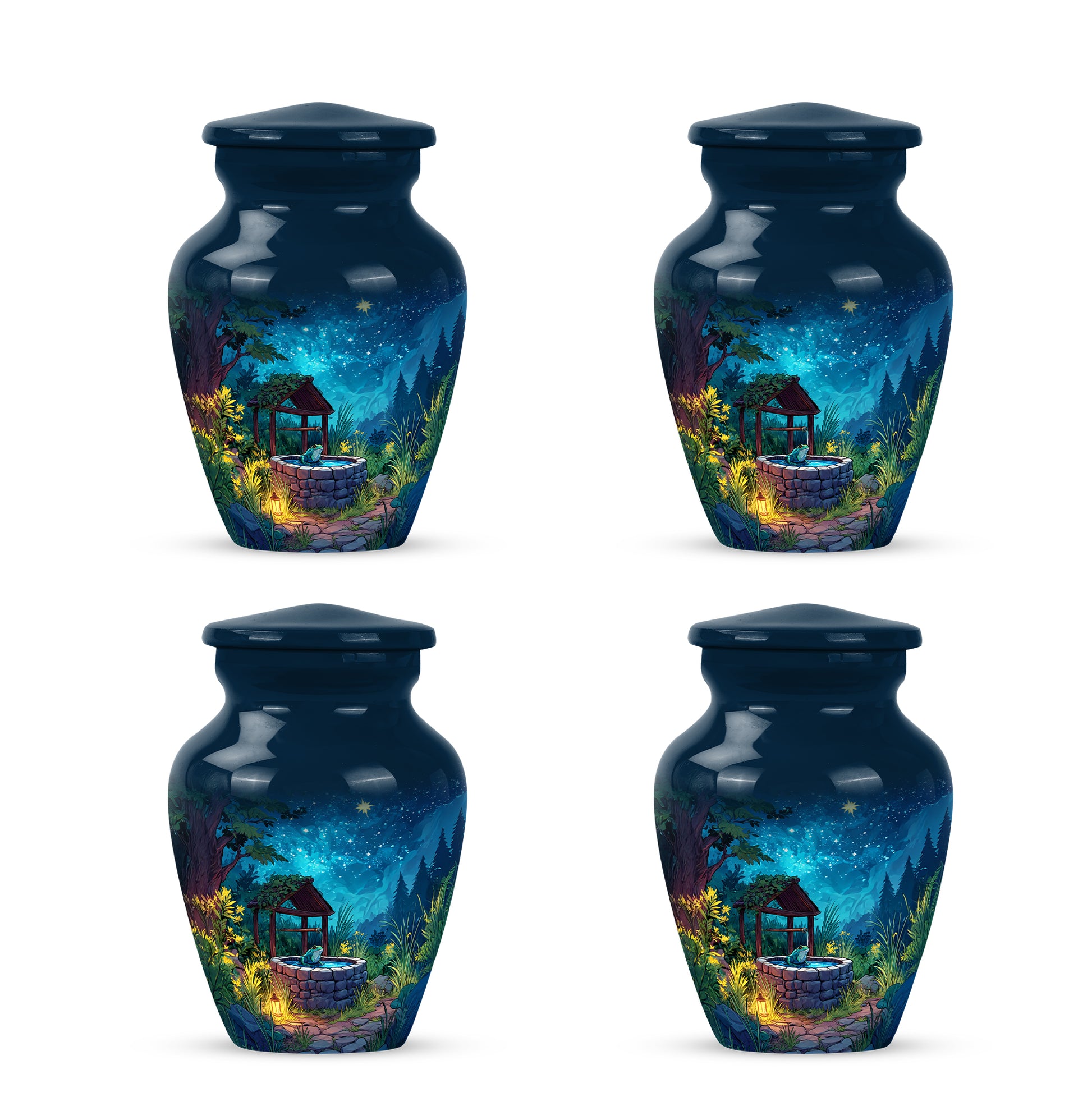 Vivid Blue Frog Cremation Urn side profile showing urn shape - elegant classic frog relief with fine detailing - 10 inch aluminum urn for cremated remains
