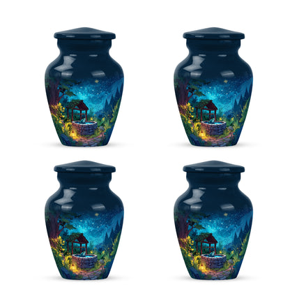 Vivid Blue Frog Cremation Urn side profile showing urn shape - elegant classic frog relief with fine detailing - 10 inch aluminum urn for cremated remains