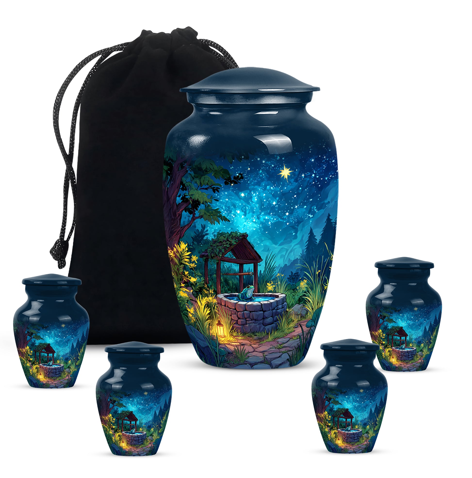 Soft Blue Frog Cremation Urn top-down view of secure threaded lid - traditional frog engraving with hand-polished finish - memorial set with one large and four small urns