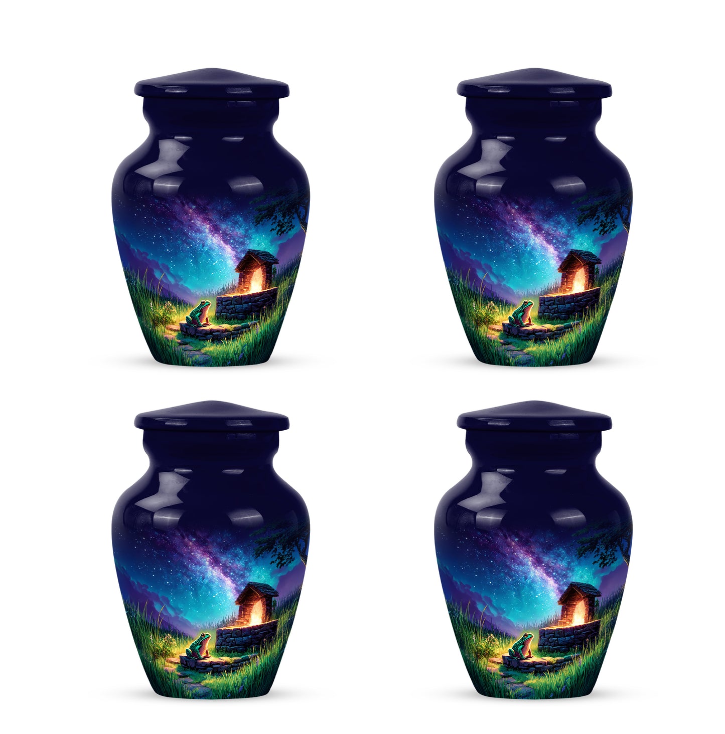 Azure Frog Cremation Urn side profile showing urn shape - timeless frog motif etched into premium metal - 10 inch aluminum urn for cremated remains