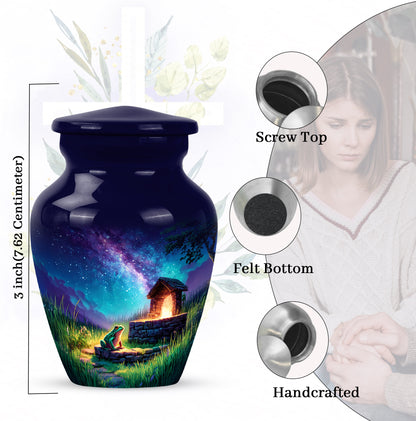 Celestial Blue Frog Cremation Urn close-up of engraving and surface detail - classic sculpted frog pattern on smooth aluminum - mini keepsake memorial for portion of cremation ashes