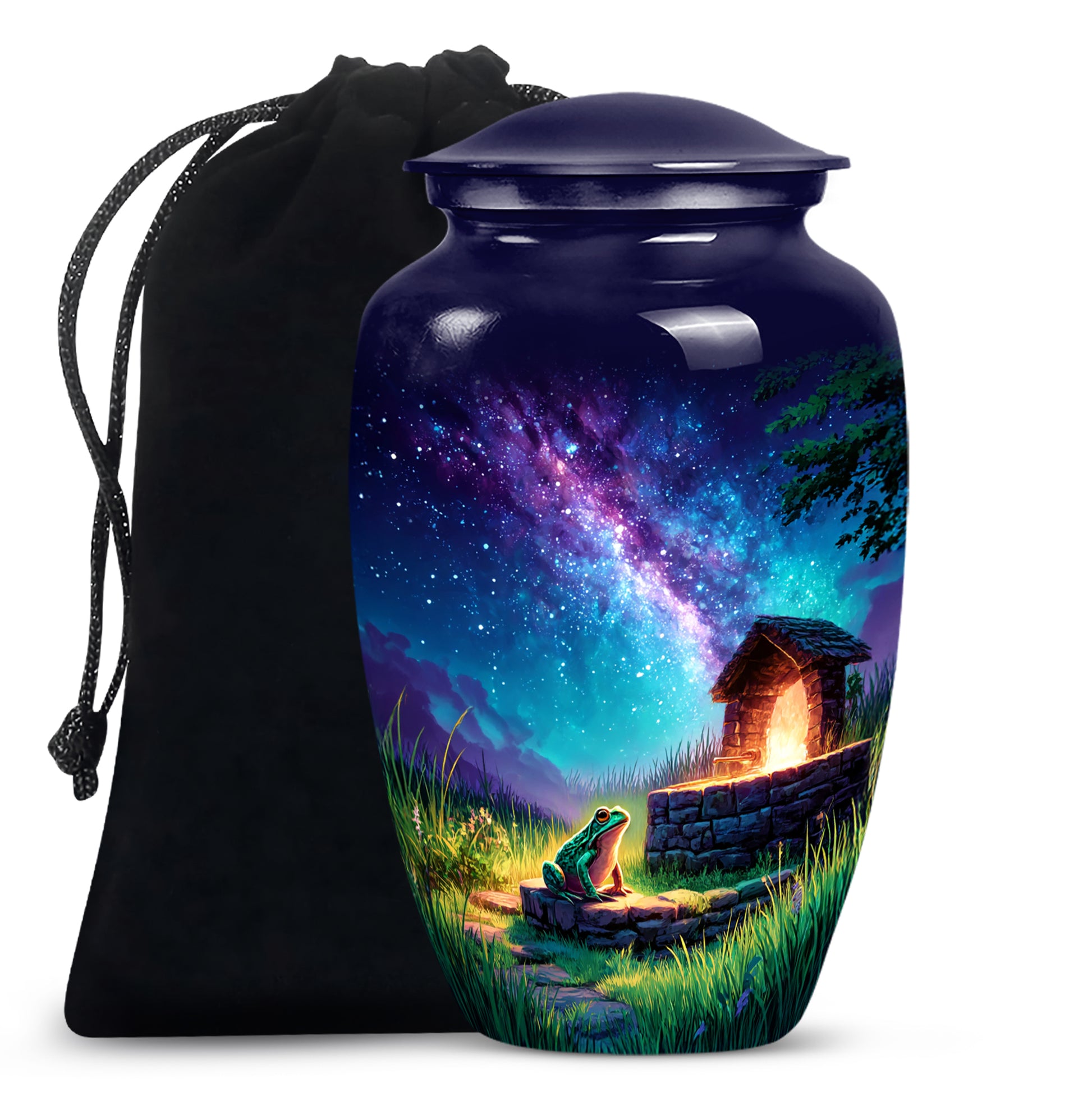 Twilight Blue Frog Cremation Urn angled view of lid and engraved motif - traditional frog engraving with hand-polished finish - full-size 10 inch 200 cubic inch adult cremation urn