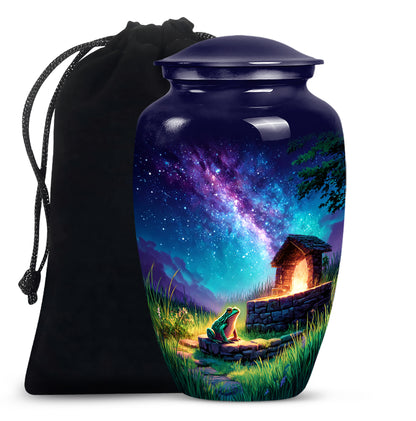 Twilight Blue Frog Cremation Urn angled view of lid and engraved motif - traditional frog engraving with hand-polished finish - full-size 10 inch 200 cubic inch adult cremation urn