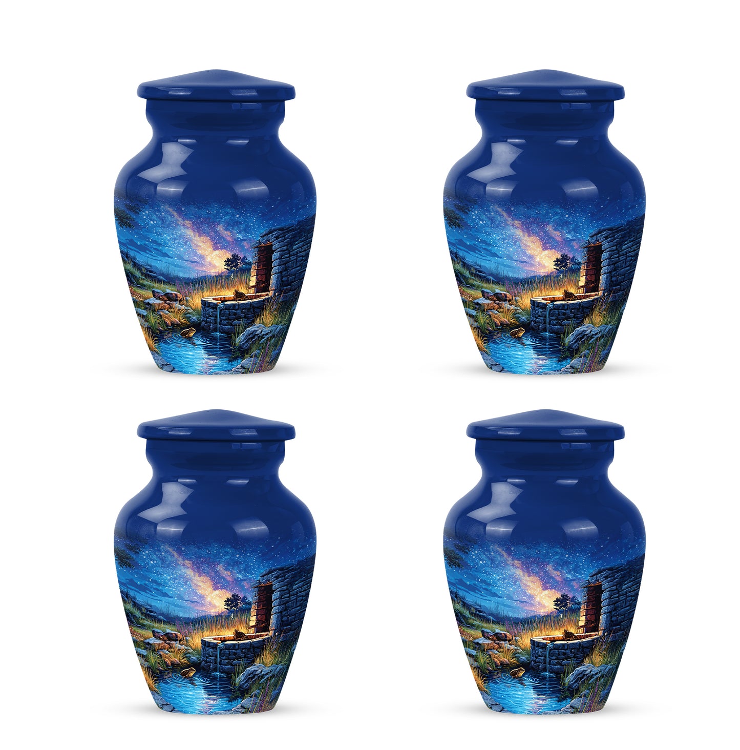Bright Blue Frog Cremation Urn side profile showing urn shape - traditional frog engraving with hand-polished finish - 10 inch aluminum urn for cremated remains