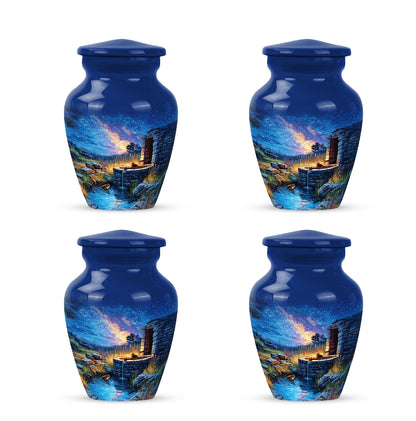 Bright Blue Frog Cremation Urn side profile showing urn shape - traditional frog engraving with hand-polished finish - 10 inch aluminum urn for cremated remains