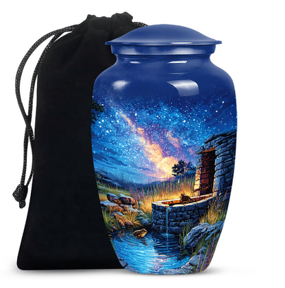 Powder Blue Frog Cremation Urn angled view of lid and engraved motif - timeless frog motif etched into premium metal - full-size 10 inch 200 cubic inch adult cremation urn