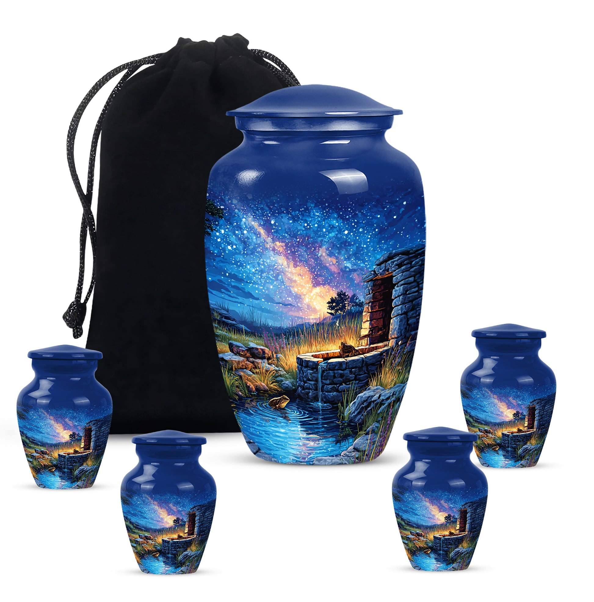 Steel Blue Frog Cremation Urn top-down view of secure threaded lid - traditional frog engraving with hand-polished finish - memorial set with one large and four small urns