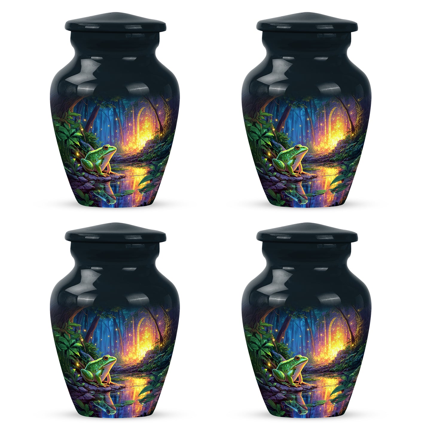 Azure Frog Cremation Urn side profile showing urn shape - timeless frog motif etched into premium metal - 10 inch aluminum urn for cremated remains