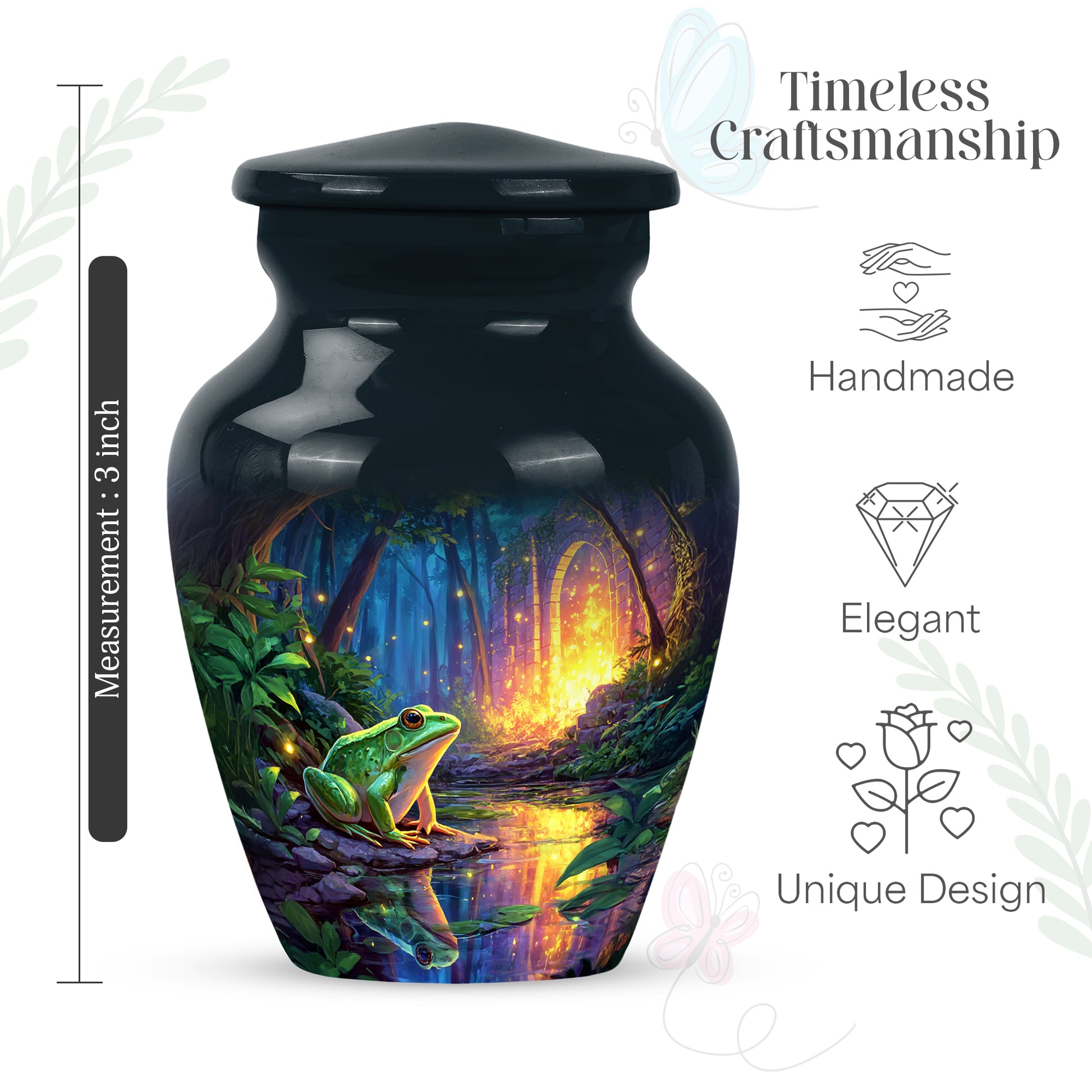 Calming Blue Frog Cremation Urn close-up of engraving and surface detail - elegant classic frog relief with fine detailing - mini keepsake memorial for portion of cremation ashes