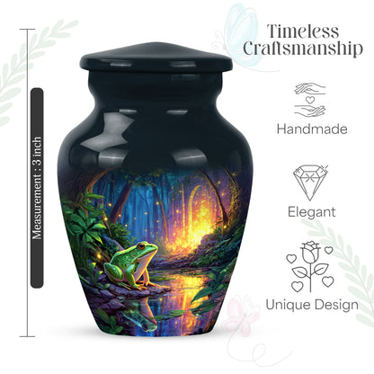 Calming Blue Frog Cremation Urn close-up of engraving and surface detail - elegant classic frog relief with fine detailing - mini keepsake memorial for portion of cremation ashes